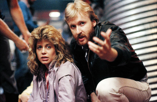 Cameron with Linda Hamilton on the set of The Terminator in 1984